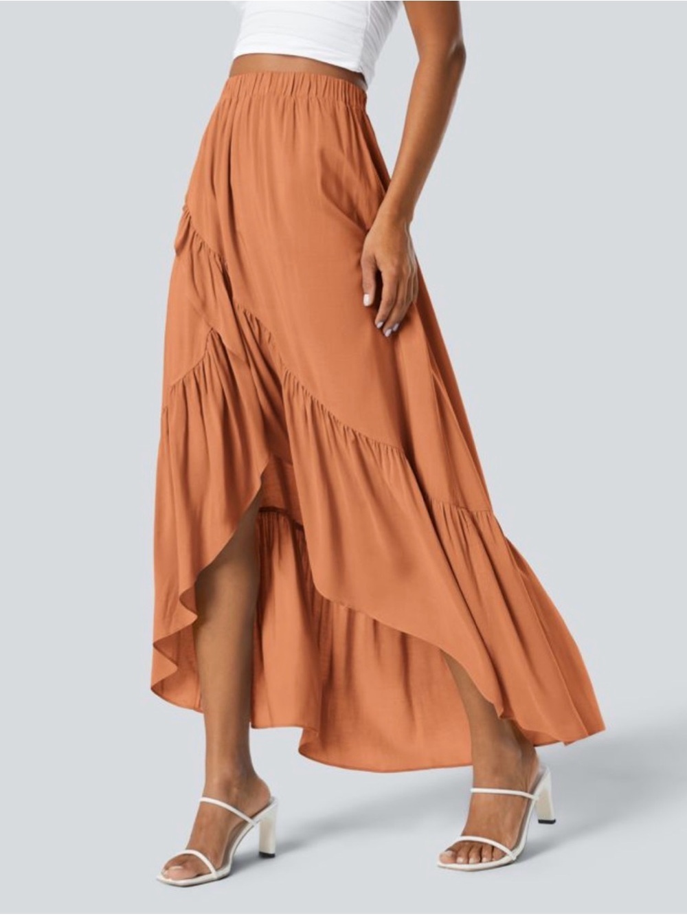 HALARA High Waisted High Low Ruffle Hem Flowy Maxi Skirt Coral Gold NEW Large L